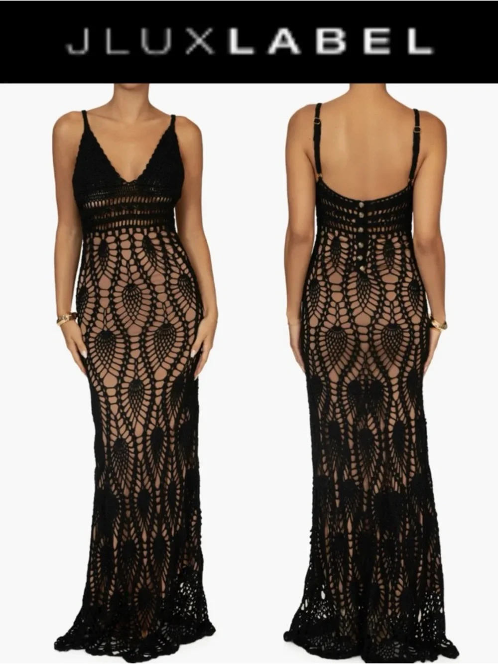 JLUXLABEL GREAT ESCAPE CROCHET MAXI DRESS LINED BODYCON BOHO GLAM **NWOT** - Picture 1 of 16